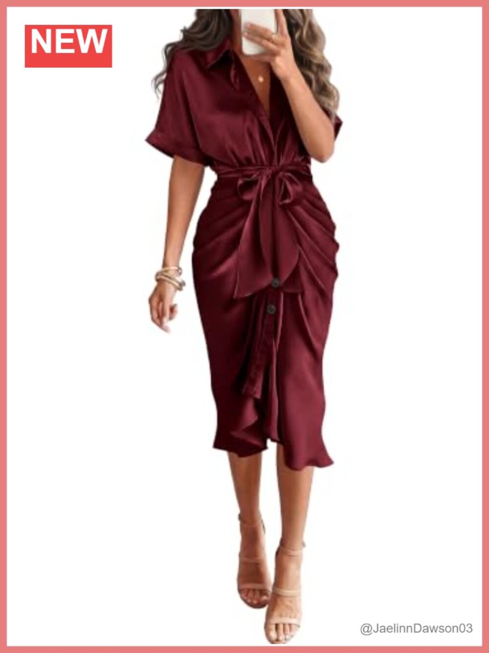 Satin Maxi Dress Short Sleeve Button Down Tie Waist Business Casual